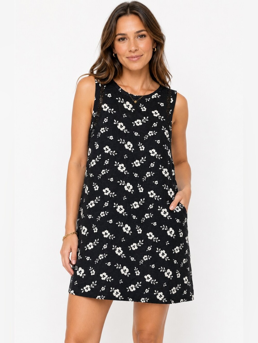 RW&CO Black White Floral Sleeveless Shift Dress Large NWT Linen Blend Casual